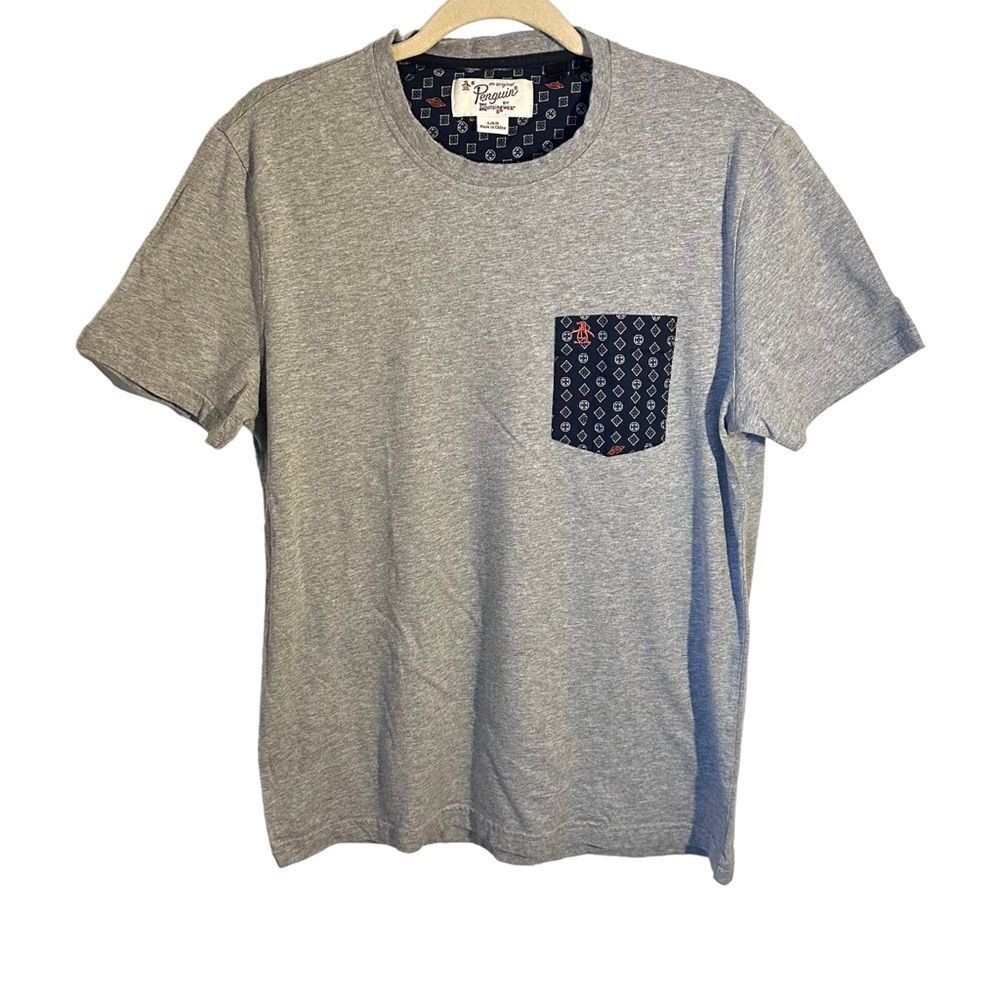 Penguin by Munsingwear Mens Sz Large Gray Shirt Blue Geometric Designs Pocket